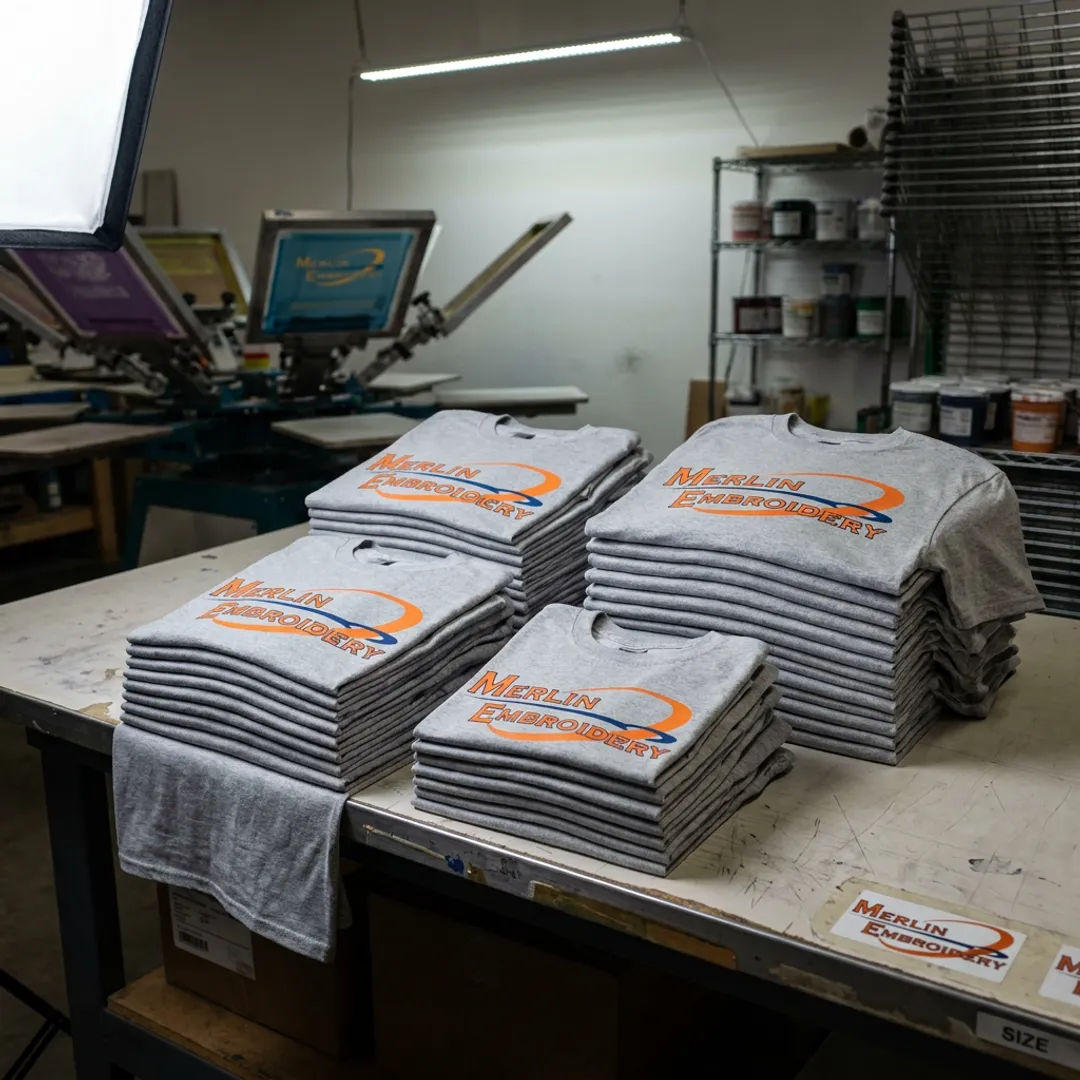 School shirts being organized after screen printing