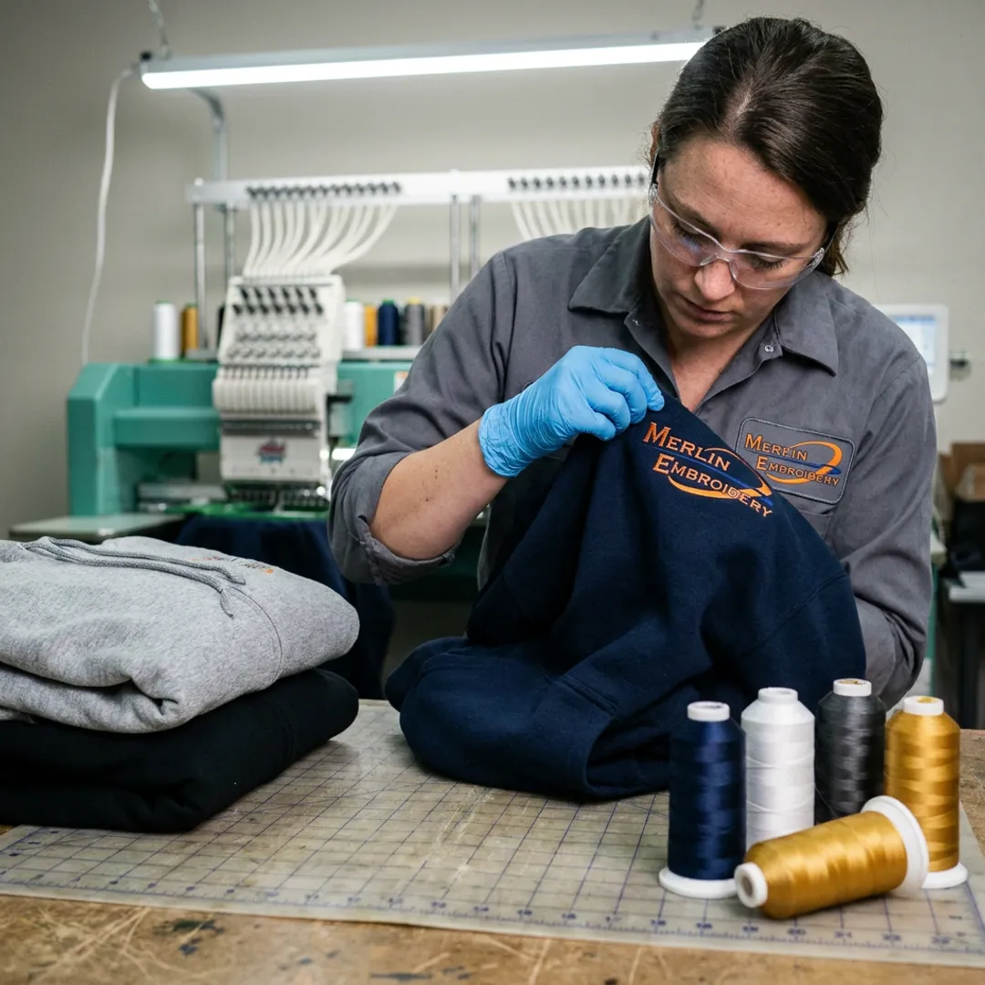 Embroidered workwear hoodies being inspected