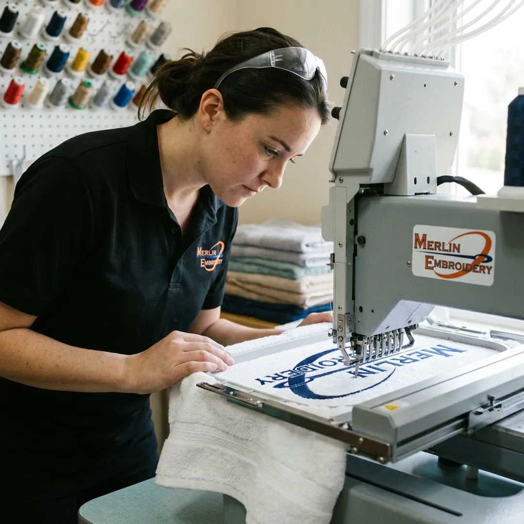 Embroidery machine stitching a custom towel