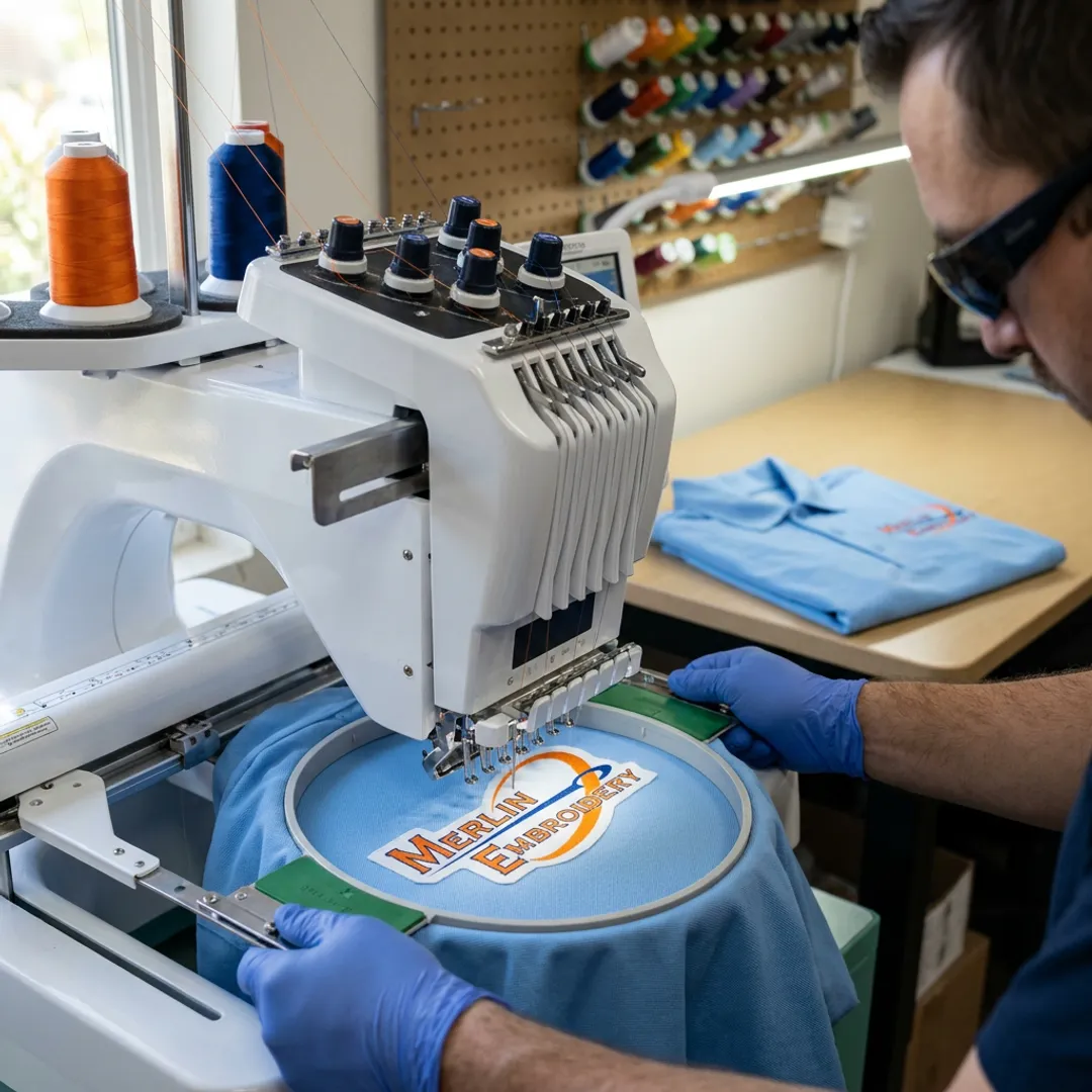 Embroidery machine stitching a bowling team polo