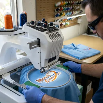 Embroidery machine stitching a bowling team polo