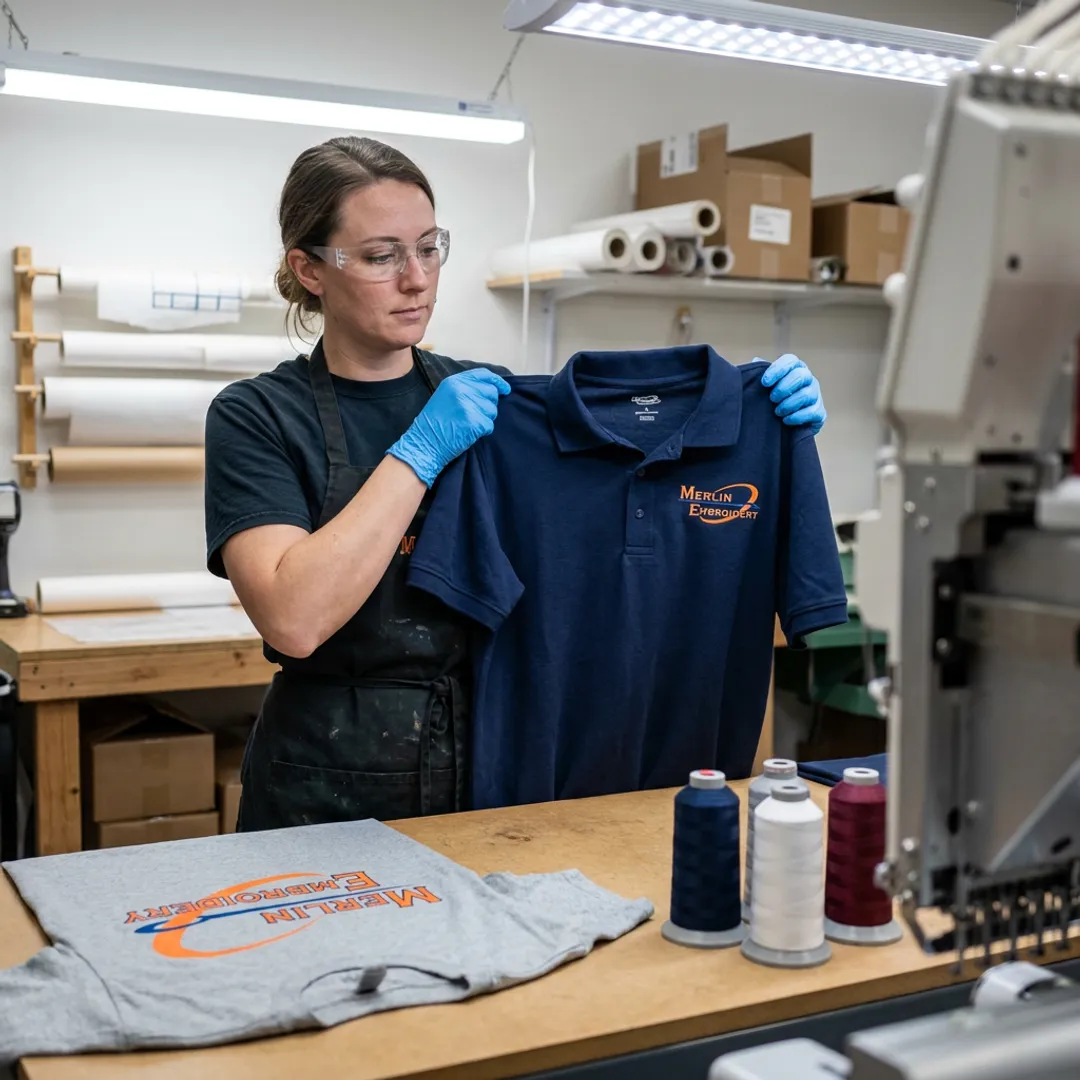 Technician reviewing custom embroidered apparel