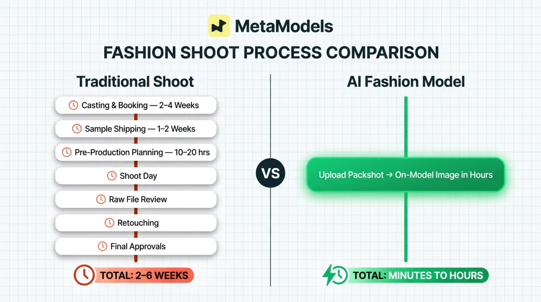 Traditional photoshoot versus AI fashion model production timeline comparison infographic