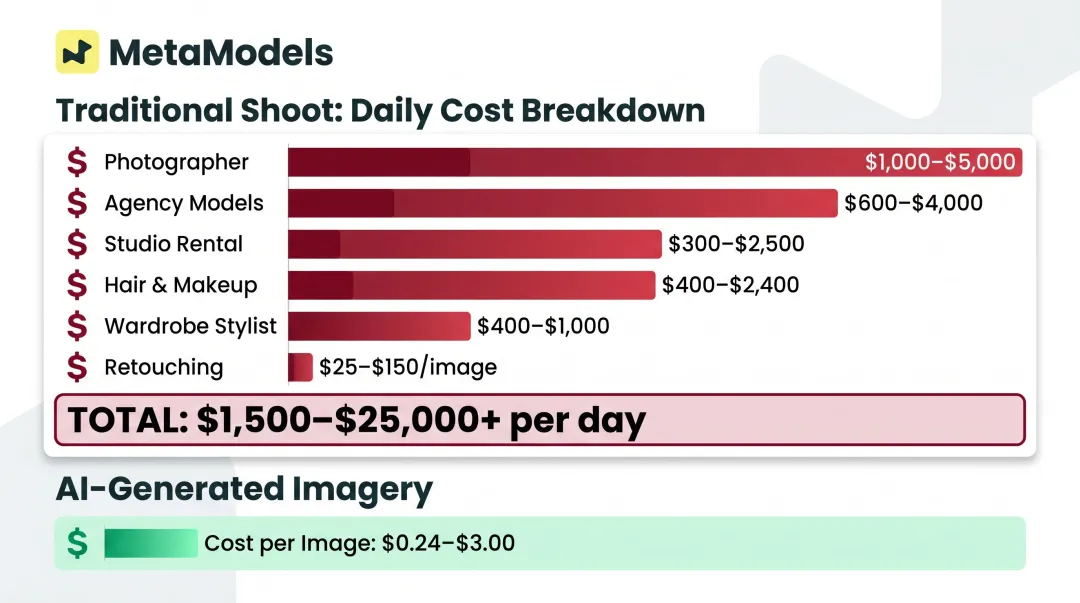 Traditional fashion photoshoot daily cost breakdown versus AI cost per image comparison