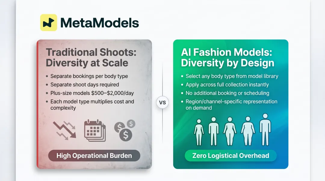 AI fashion model diversity representation versus traditional shoot logistical complexity side-by-side infographic