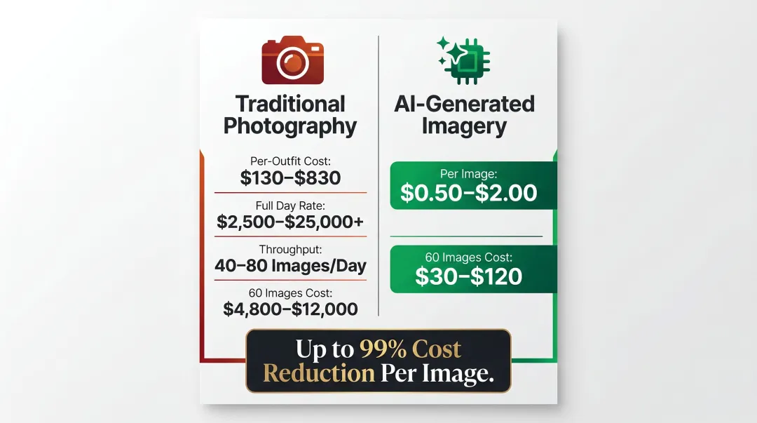 Traditional fashion photography versus AI generated imagery cost comparison breakdown infographic