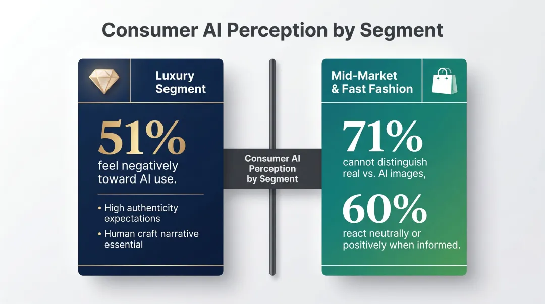 Consumer sentiment comparison luxury versus mid-market AI fashion imagery acceptance rates