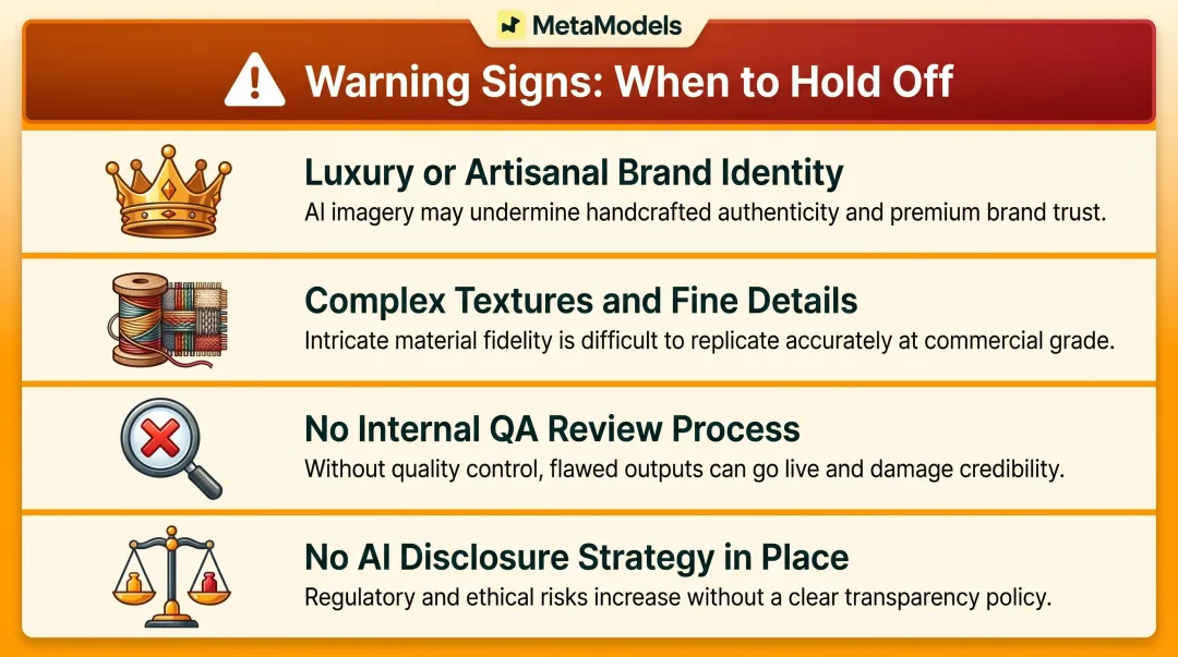 Four reasons to delay AI model photography adoption warning signs checklist infographic