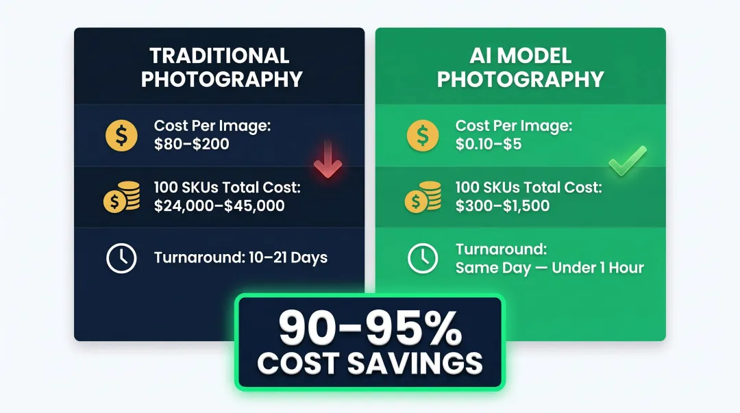 Traditional versus AI model photography cost and turnaround time comparison chart