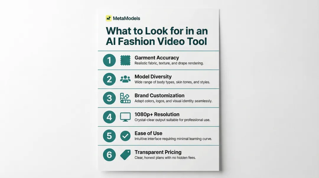 Six criteria checklist for evaluating AI video tools for fashion brands infographic