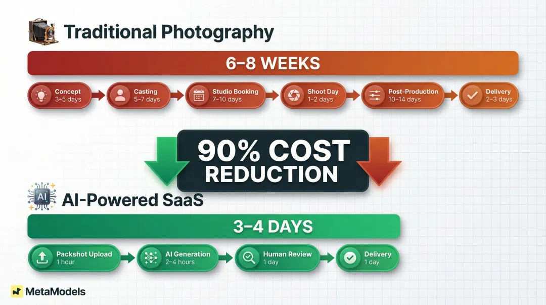 Fashion content production timeline comparison traditional six weeks versus AI four days