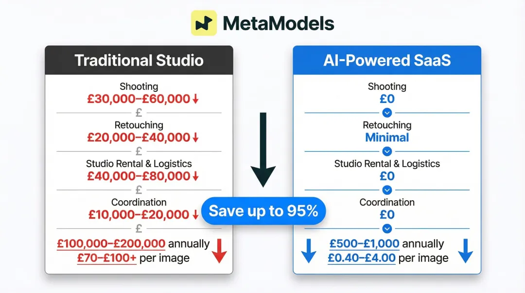 Traditional studio versus AI SaaS photography cost comparison for 500 SKUs annually