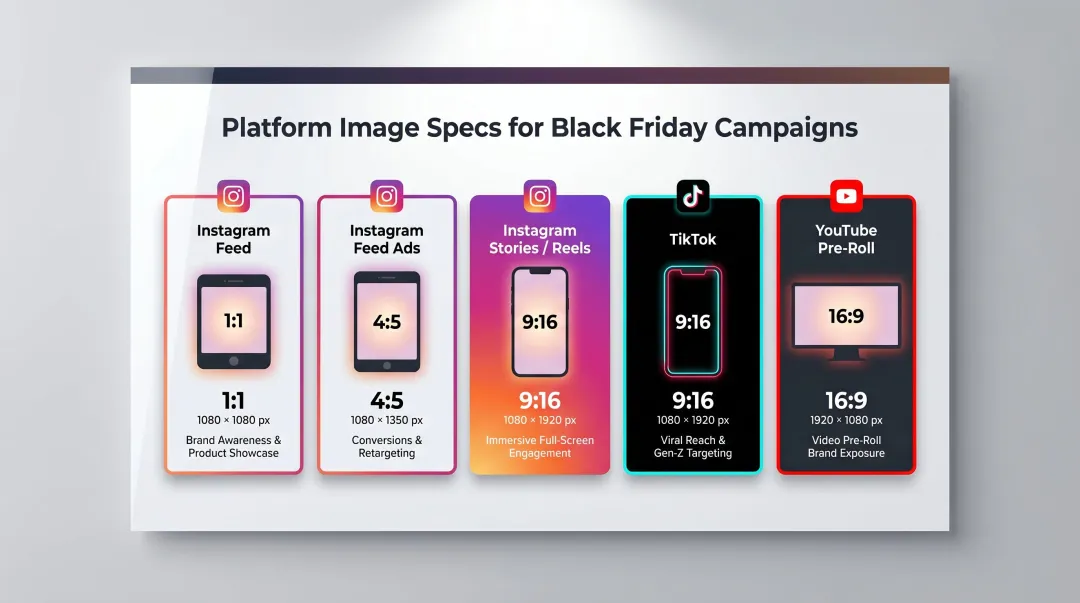 Black Friday ad channel image specifications comparison table for Instagram TikTok YouTube