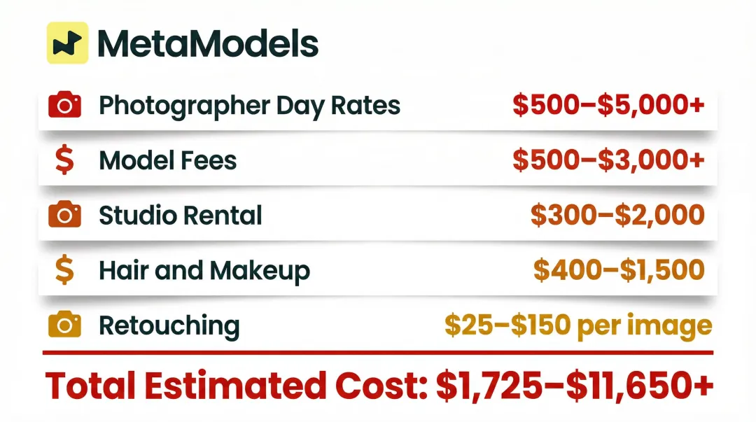 Traditional product photoshoot cost breakdown showing five expense categories