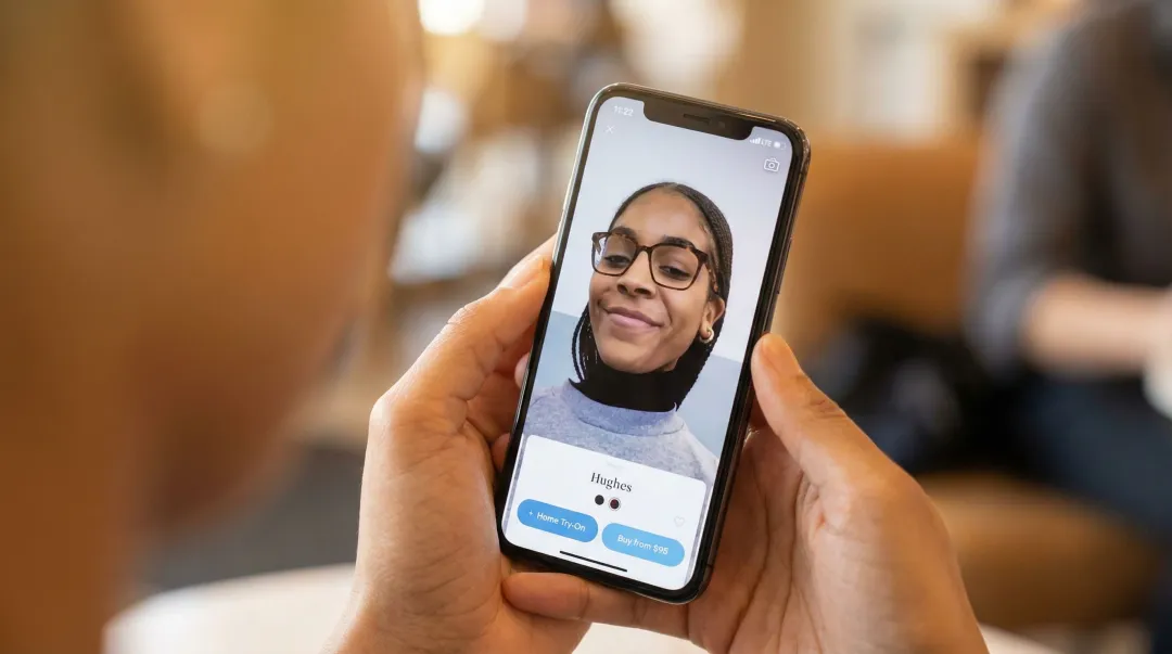 Augmented reality virtual try-on experience shown on smartphone screen in retail context