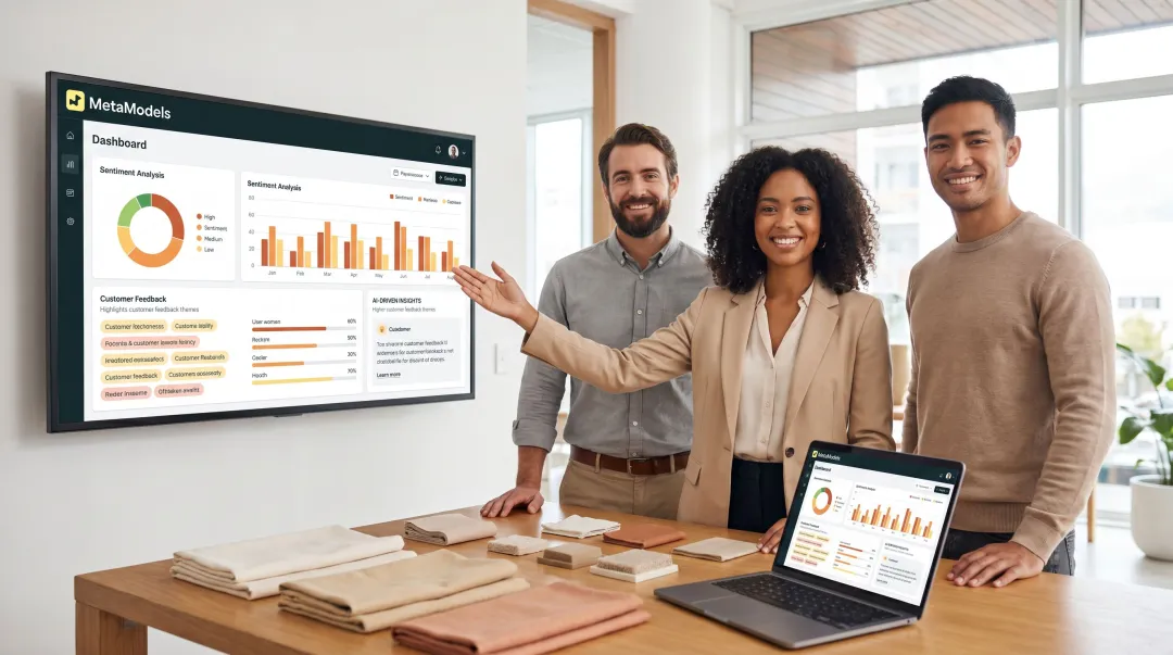Fashion brand product innovation team reviewing AI-analyzed customer feedback data on screen