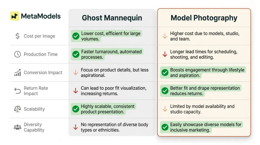 Ghost mannequin versus model photography six-criteria e-commerce comparison infographic