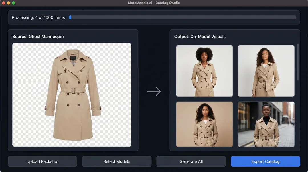 MetaModels AI platform converting ghost mannequin packshots into diverse on-model visuals