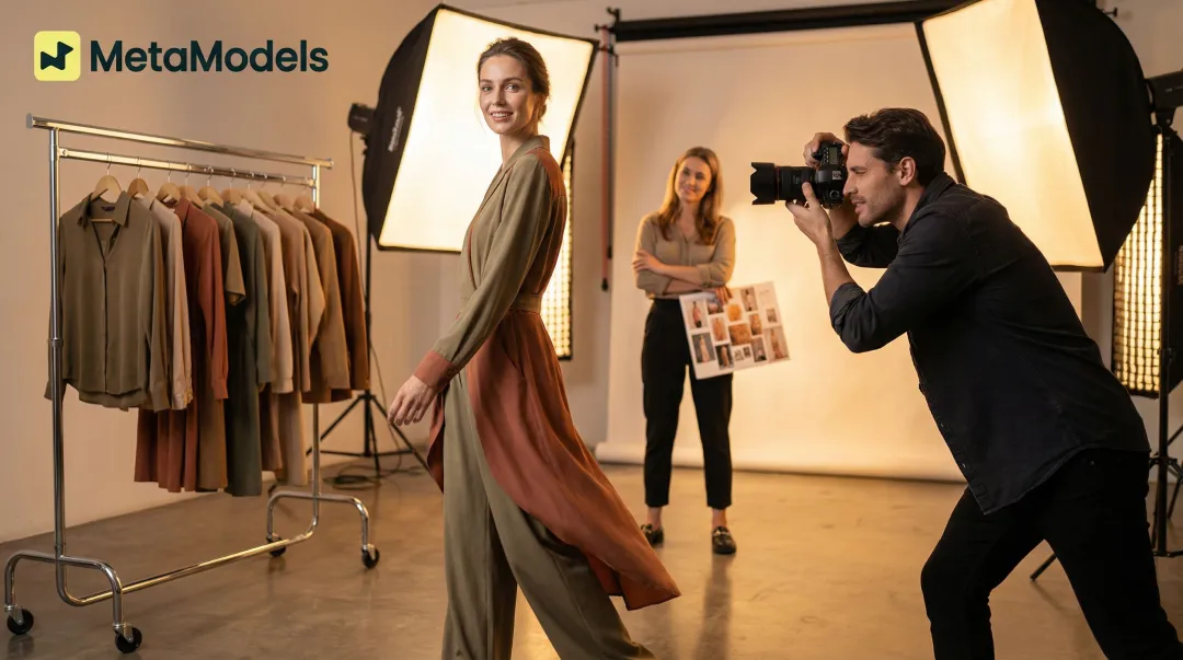 Fashion model and photographer collaborating during editorial photoshoot in studio