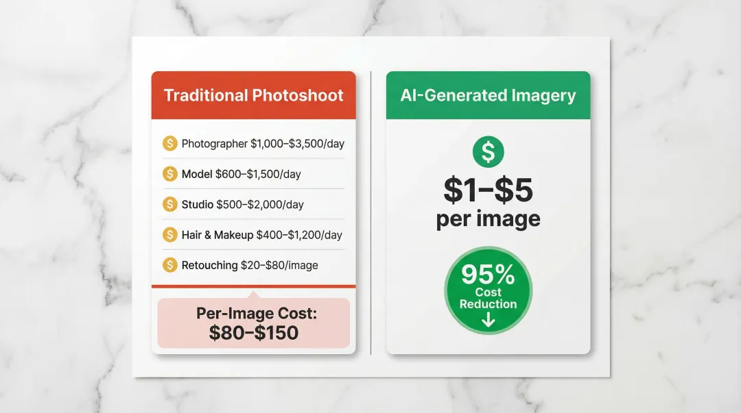 AI versus traditional fashion photoshoot cost comparison per image infographic