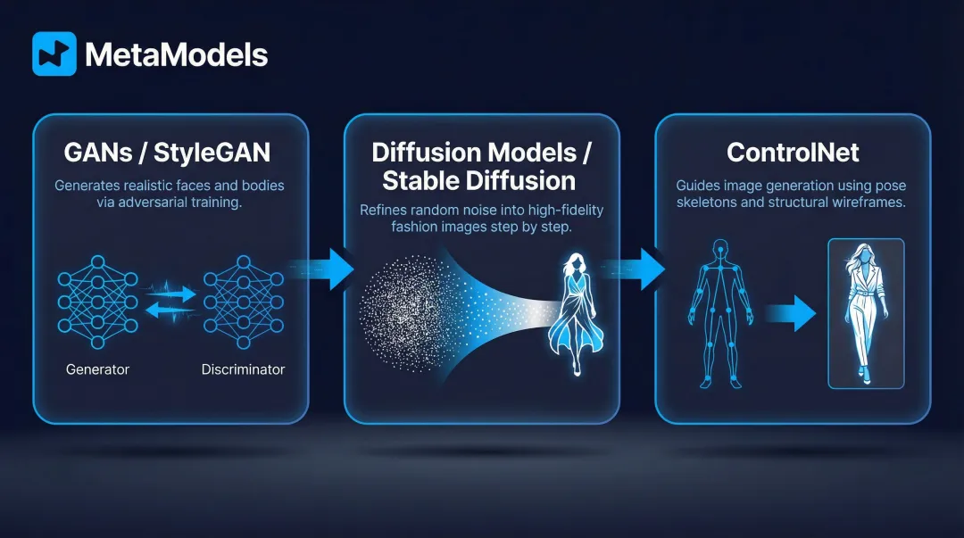 Three core AI technologies powering fashion model image generation process