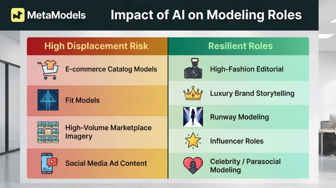 AI displacement risk comparison showing at-risk versus resilient fashion model job categories