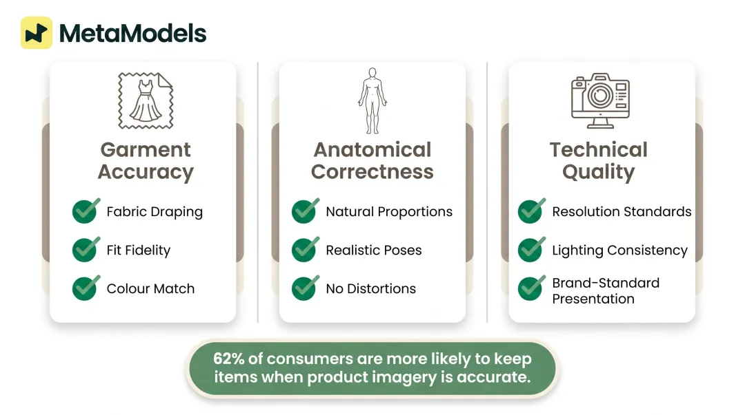 AI product imagery quality review checklist showing garment accuracy anatomical and technical checks