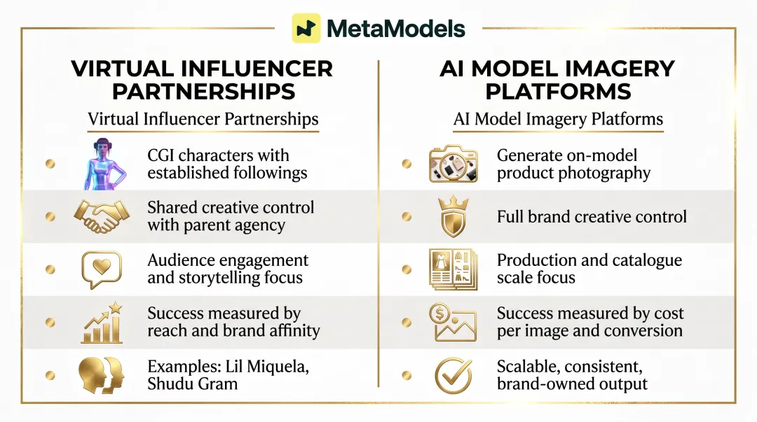 Virtual influencer partnerships versus AI imagery platforms side-by-side comparison infographic