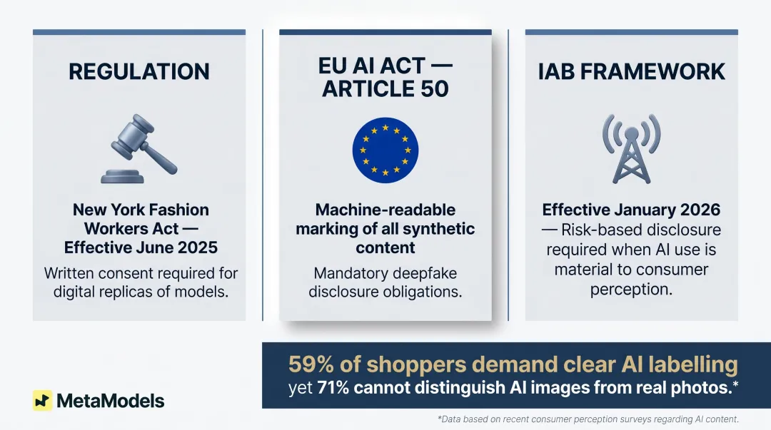 AI imagery regulatory compliance framework showing key laws disclosure requirements and consumer expectations