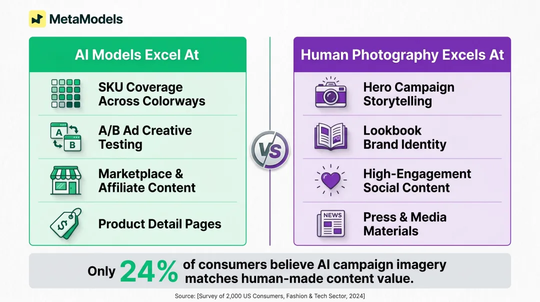 AI models versus human photography best use cases side-by-side comparison chart for fashion brands