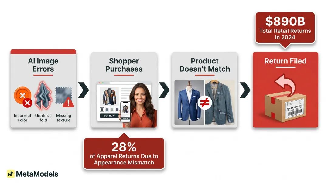 AI garment inaccuracy to increased returns cause and effect chain infographic