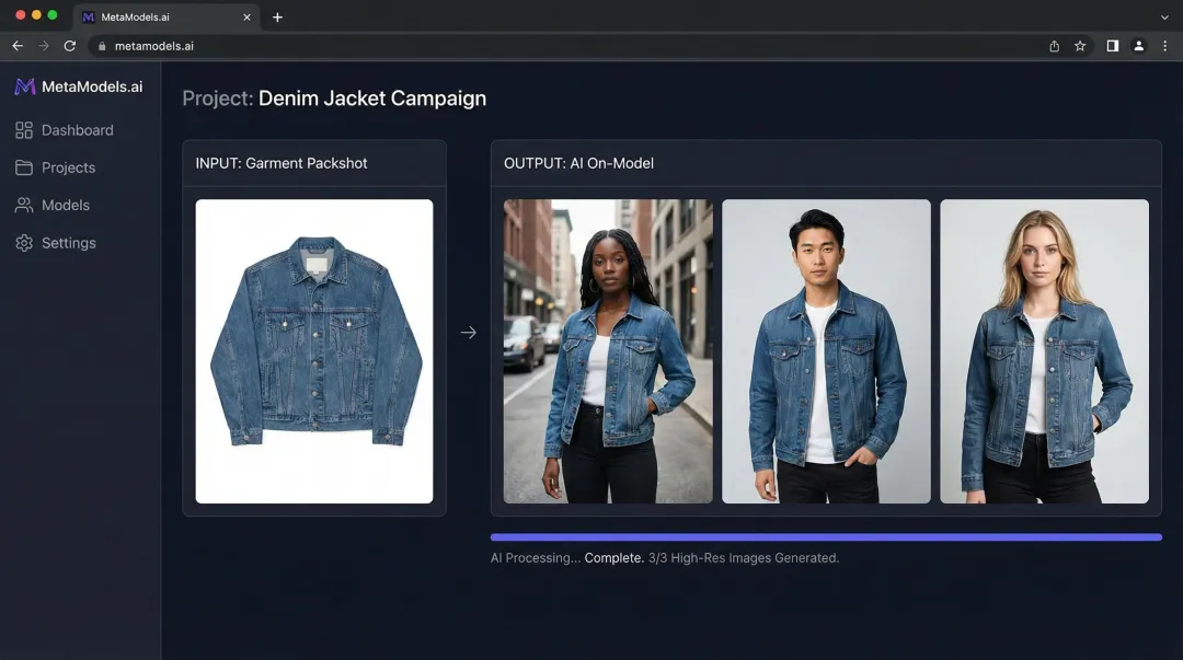 MetaModels.ai platform showing packshot to on-model image conversion output