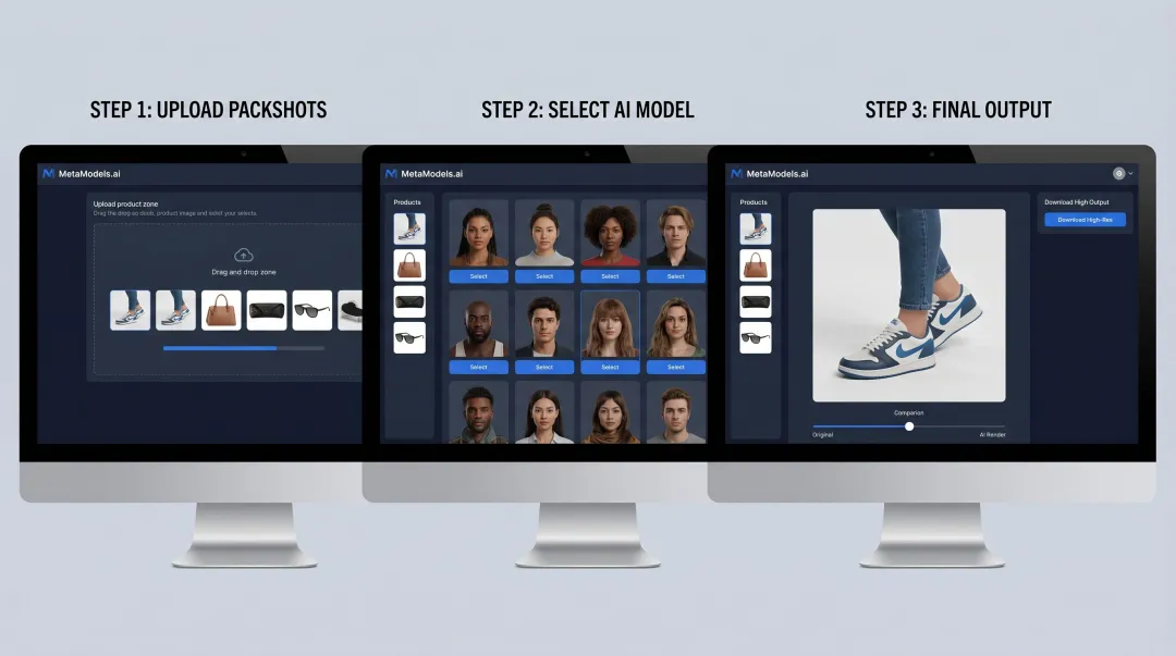 MetaModels.ai platform dashboard showing packshot-to-model conversion workflow and output