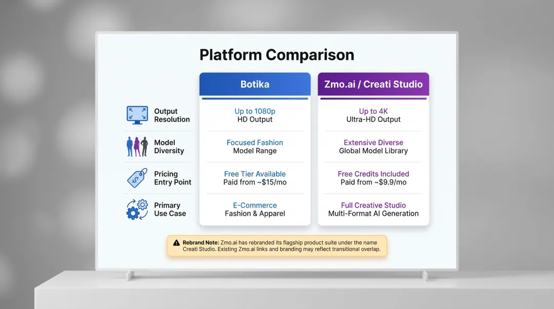 AI fashion platform comparison chart Botika versus Zmo.ai features and pricing