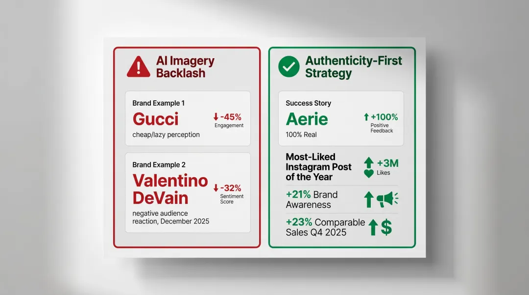 AI backlash versus authentic brand strategy comparison showing Gucci Valentino versus Aerie results