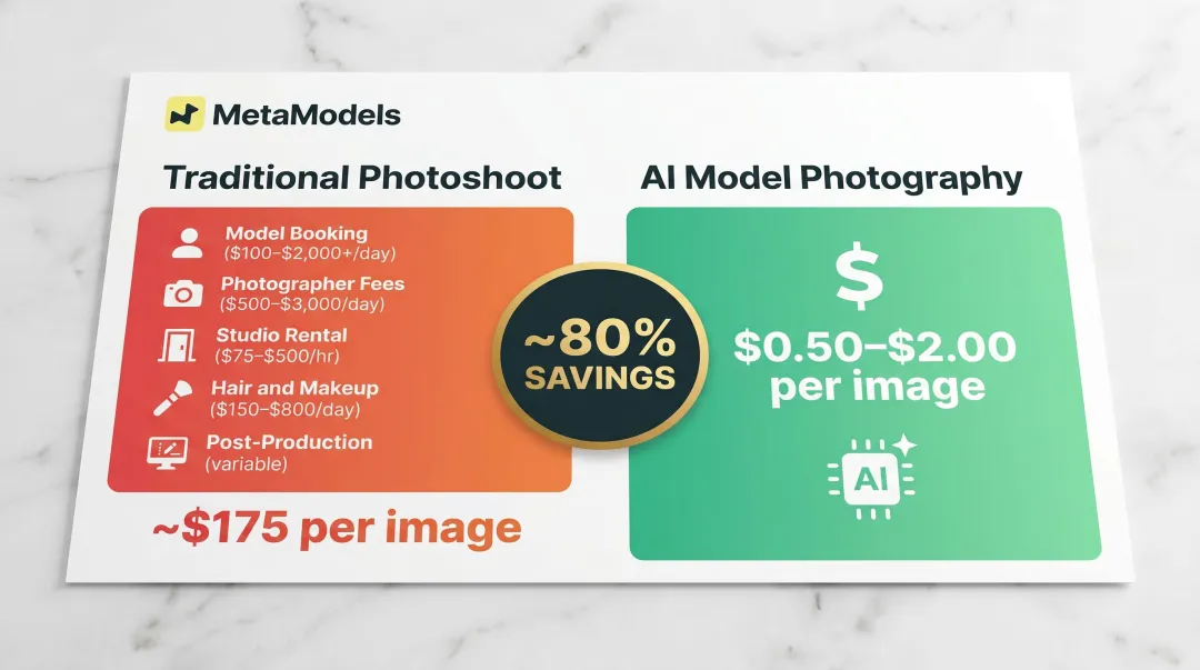 Traditional photography versus AI model photography cost comparison per image infographic
