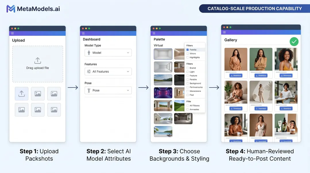 MetaModels.ai four-step workflow converting packshots to AI model fashion imagery