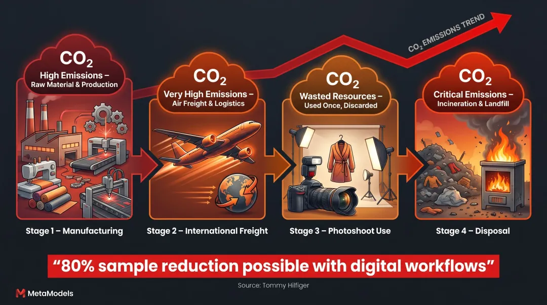 Fashion sample lifecycle from manufacturing to landfill showing embedded carbon emissions