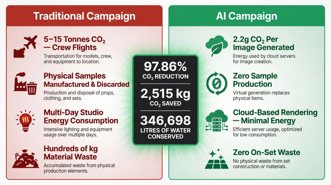 AI versus traditional fashion campaign carbon and water savings comparison infographic with statistics