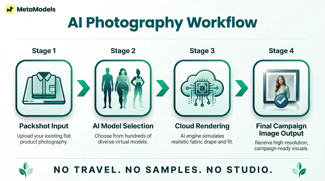 AI fashion photography workflow from packshot input to final campaign image delivery