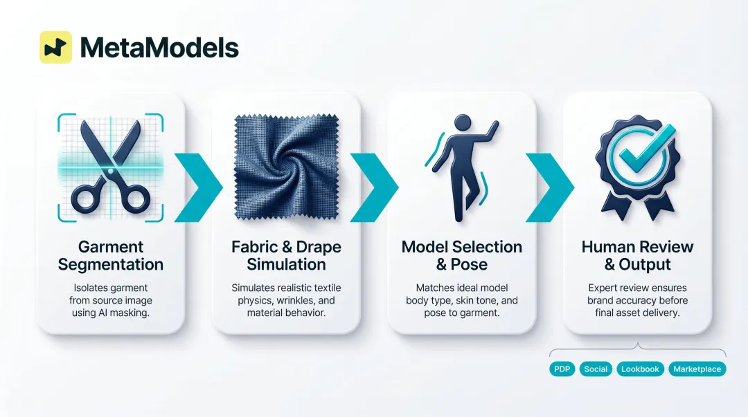 Four-step AI model photography workflow from packshot input to final e-commerce asset