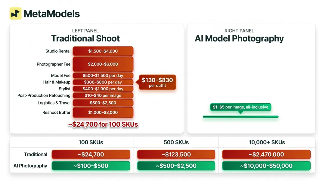 Traditional fashion shoot cost breakdown versus AI image generation per SKU comparison