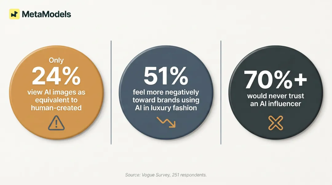Consumer perception of AI fashion imagery survey results showing trust and brand sentiment statistics