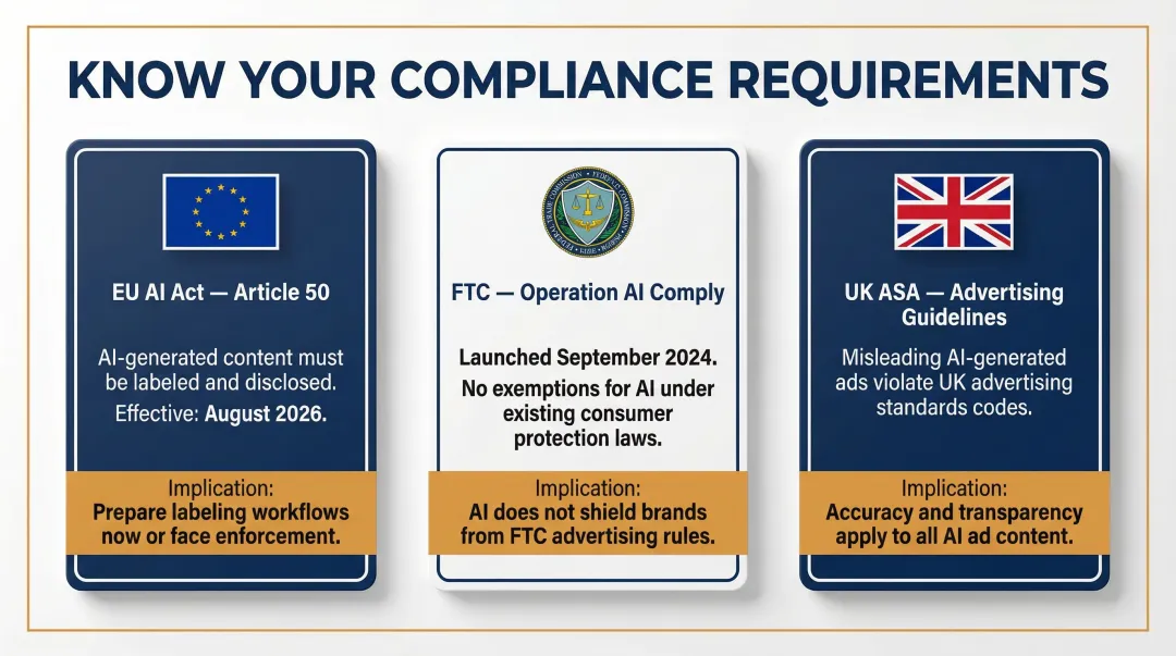 AI fashion photography disclosure regulations EU AI Act FTC ASA compliance overview