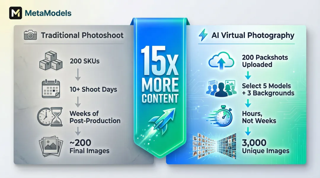 AI virtual photography scalability versus traditional photoshoot throughput side-by-side comparison