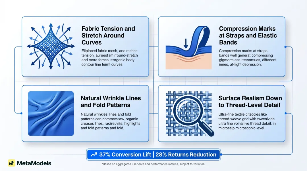 AI swimwear fabric physics simulation four key rendering capabilities infographic