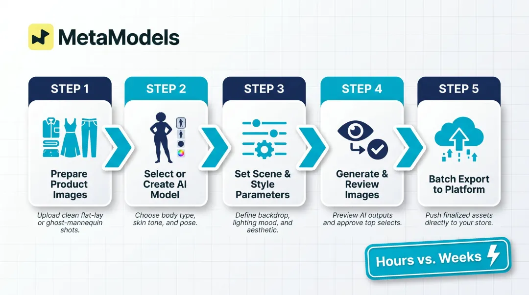 Five-step AI swimwear catalog production workflow from upload to platform delivery