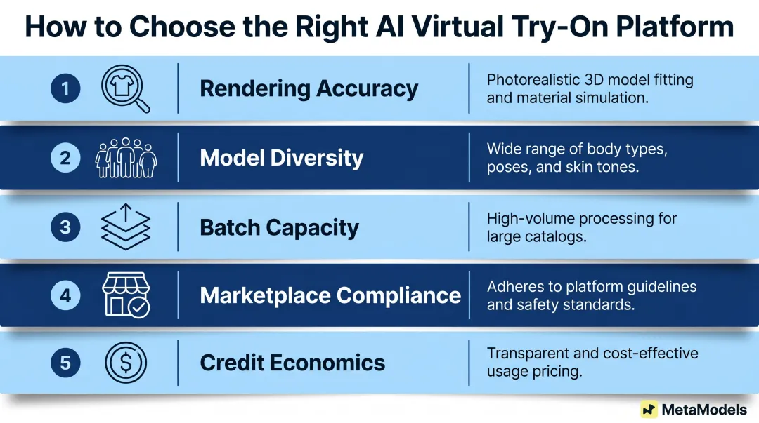 Five criteria for choosing AI virtual try-on platform rendering diversity batch compliance pricing