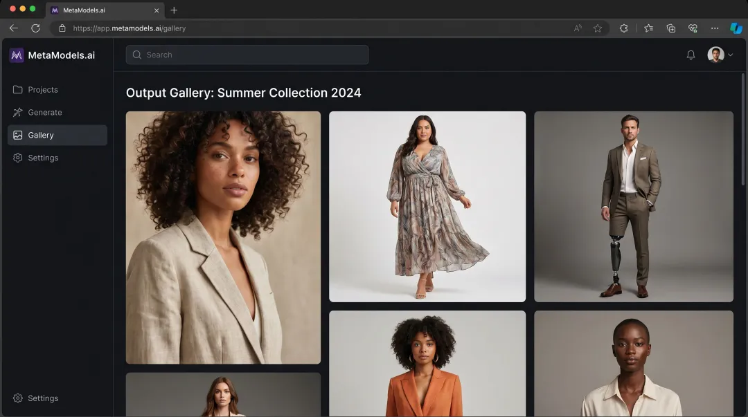 MetaModels.ai platform showing AI model imagery catalog with diverse fashion models