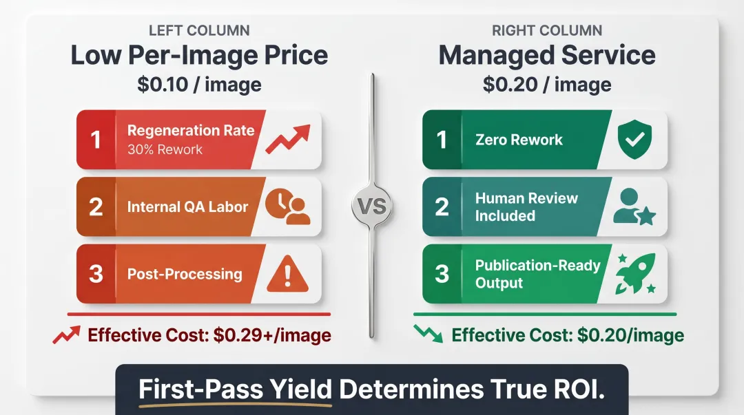 True cost comparison of AI virtual try-on platforms showing first-pass yield versus per-image pricing